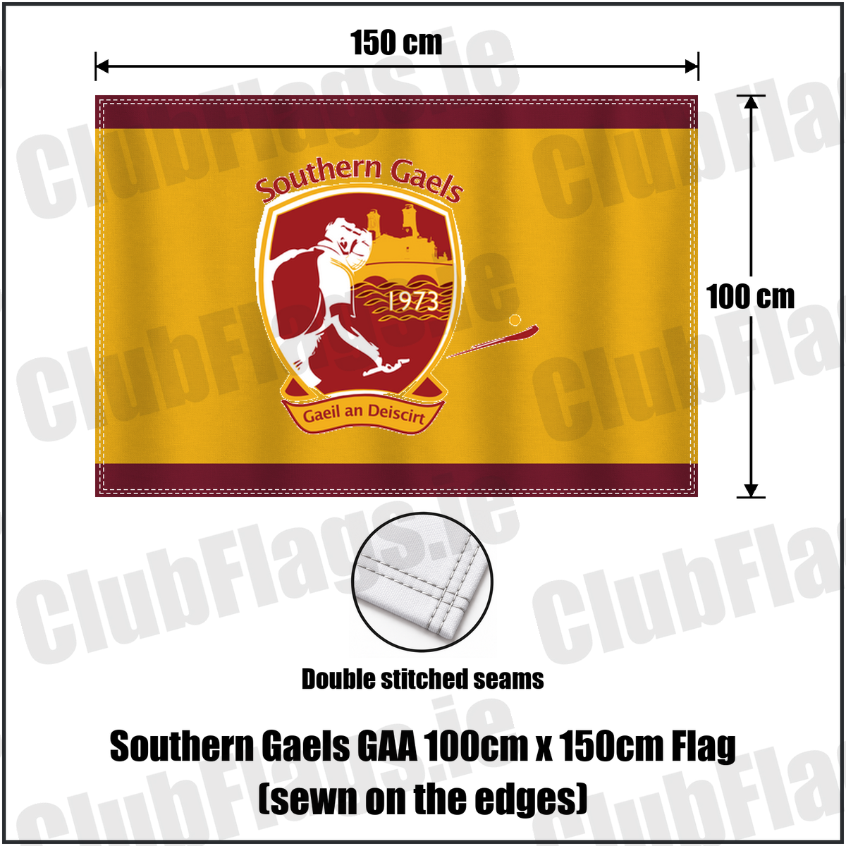 Southern Gaels GAA 100cm x 150cm Flag (sewn on the edges), featuring the club crest and maroon and gold colours; County Westmeath hurling and camogie. ClubFlags.ie.