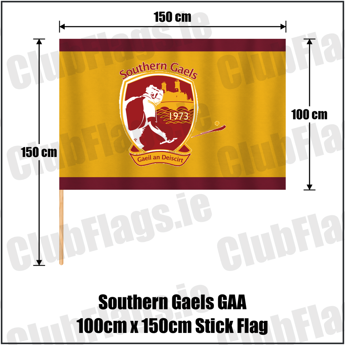 Southern Gaels GAA 100cm x 150cm Stick Flag, featuring the club crest and maroon and gold colours; County Westmeath hurling and camogie. ClubFlags.ie.
