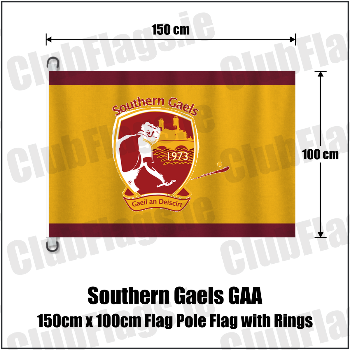 Southern Gaels GAA 150cm x 100cm Flag Pole Flag with Rings, featuring the club crest and maroon and gold colours; County Westmeath hurling and camogie. ClubFlags.ie.