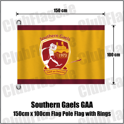 Southern Gaels GAA 150cm x 100cm Flag Pole Flag with Rings, featuring the club crest and maroon and gold colours; County Westmeath hurling and camogie. ClubFlags.ie.