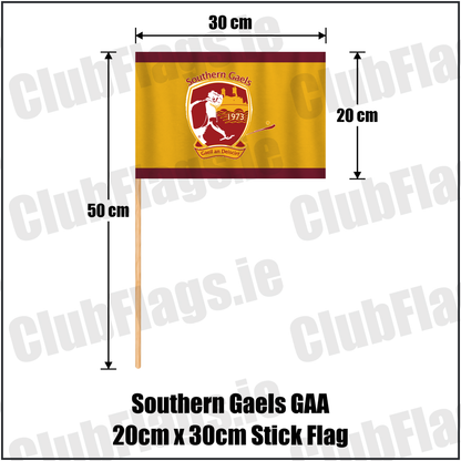 Southern Gaels GAA 20cm x 30cm Stick Flag, featuring the club crest and maroon and gold colours; County Westmeath hurling and camogie. ClubFlags.ie.