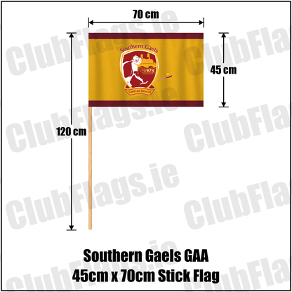 Southern Gaels GAA 45cm x 70cm Stick Flag, featuring the club crest and maroon and gold colours; County Westmeath hurling and camogie. ClubFlags.ie.