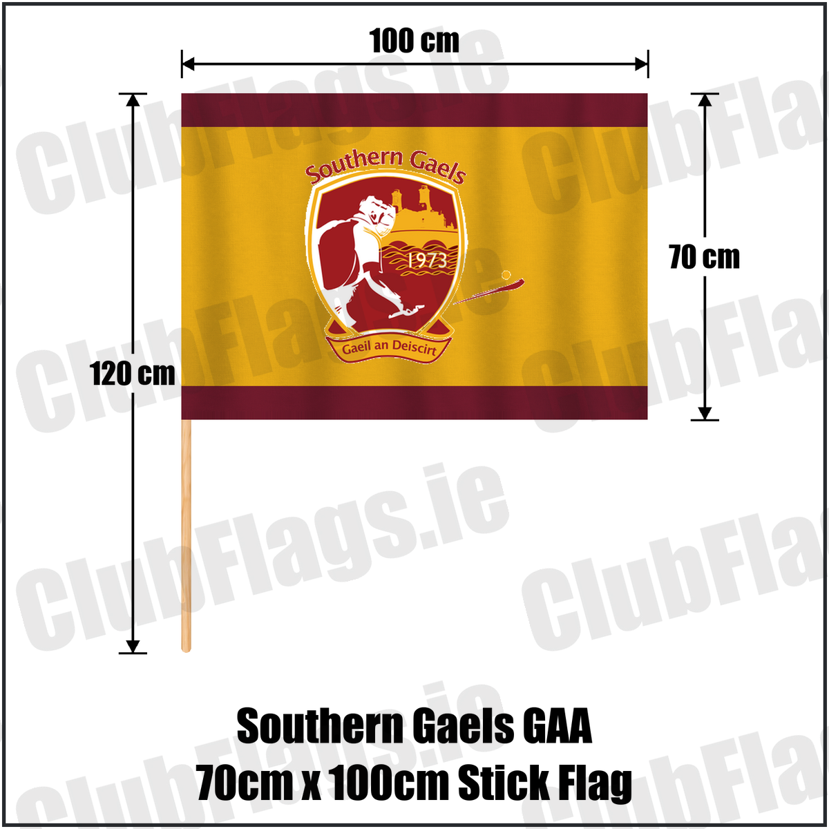 Southern Gaels GAA 70cm x 100cm Stick Flag, featuring the club crest and maroon and gold colours; County Westmeath hurling and camogie. ClubFlags.ie.