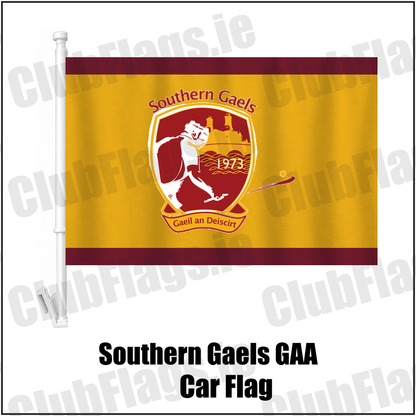 Southern Gaels GAA Car Flag, featuring the club crest and maroon and gold colours; County Westmeath hurling and camogie. ClubFlags.ie.