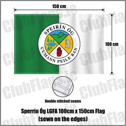 Sperrin Óg LGFA 100cm x 150cm Flag (sewn on the edges), featuring the club crest and green and white colours; County Tyrone ladies Gaelic football. ClubFlags.ie.