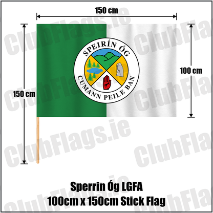 Sperrin Óg LGFA 100cm x 150cm Stick Flag, featuring the club crest and green and white colours; County Tyrone ladies Gaelic football. ClubFlags.ie.