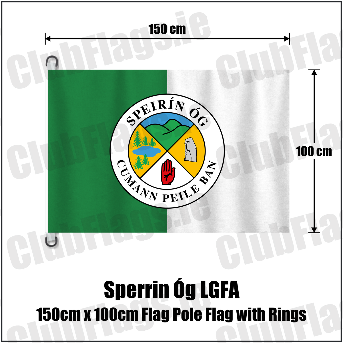 Sperrin Óg LGFA 150cm x 100cm Flag Pole Flag with Rings, featuring the club crest and green and white colours; County Tyrone ladies Gaelic football. ClubFlags.ie.
