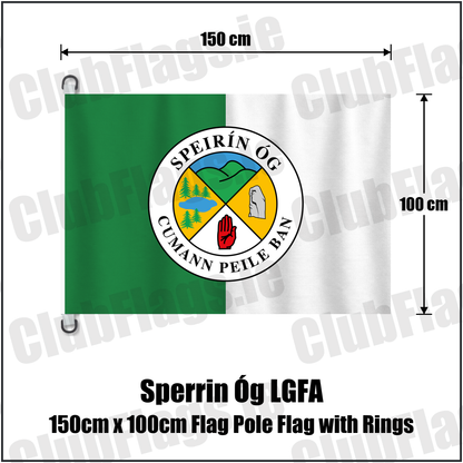 Sperrin Óg LGFA 150cm x 100cm Flag Pole Flag with Rings, featuring the club crest and green and white colours; County Tyrone ladies Gaelic football. ClubFlags.ie.