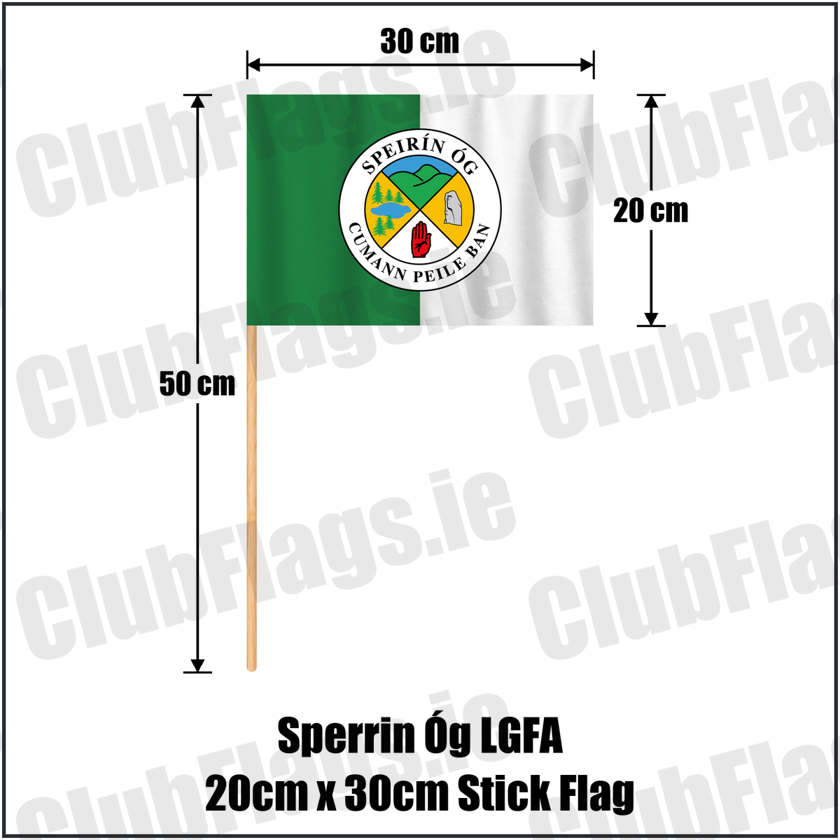 Sperrin Óg LGFA 20cm x 30cm Stick Flag, featuring the club crest and green and white colours; County Tyrone ladies Gaelic football. ClubFlags.ie.