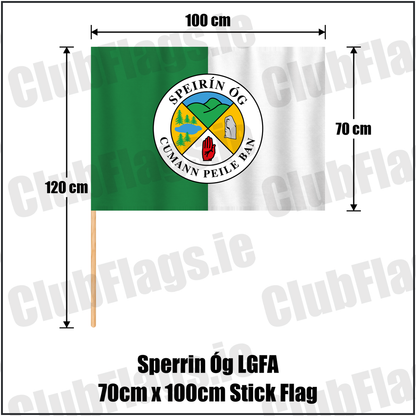 Sperrin Óg LGFA 70cm x 100cm Stick Flag, featuring the club crest and green and white colours; County Tyrone ladies Gaelic football. ClubFlags.ie.
