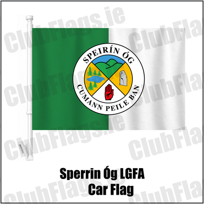 Sperrin Óg LGFA Car Flag, featuring the club crest and green and white colours; County Tyrone ladies Gaelic football. ClubFlags.ie.