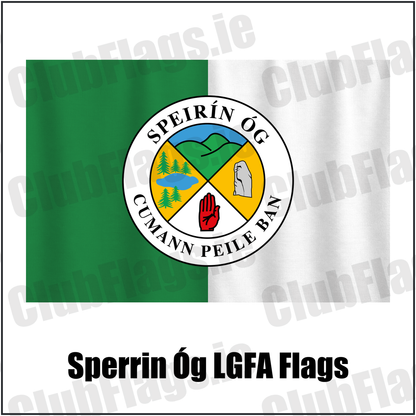 Sperrin Óg LGFA Flags, featuring the club crest and green and white colours; County Tyrone ladies Gaelic football. ClubFlags.ie.