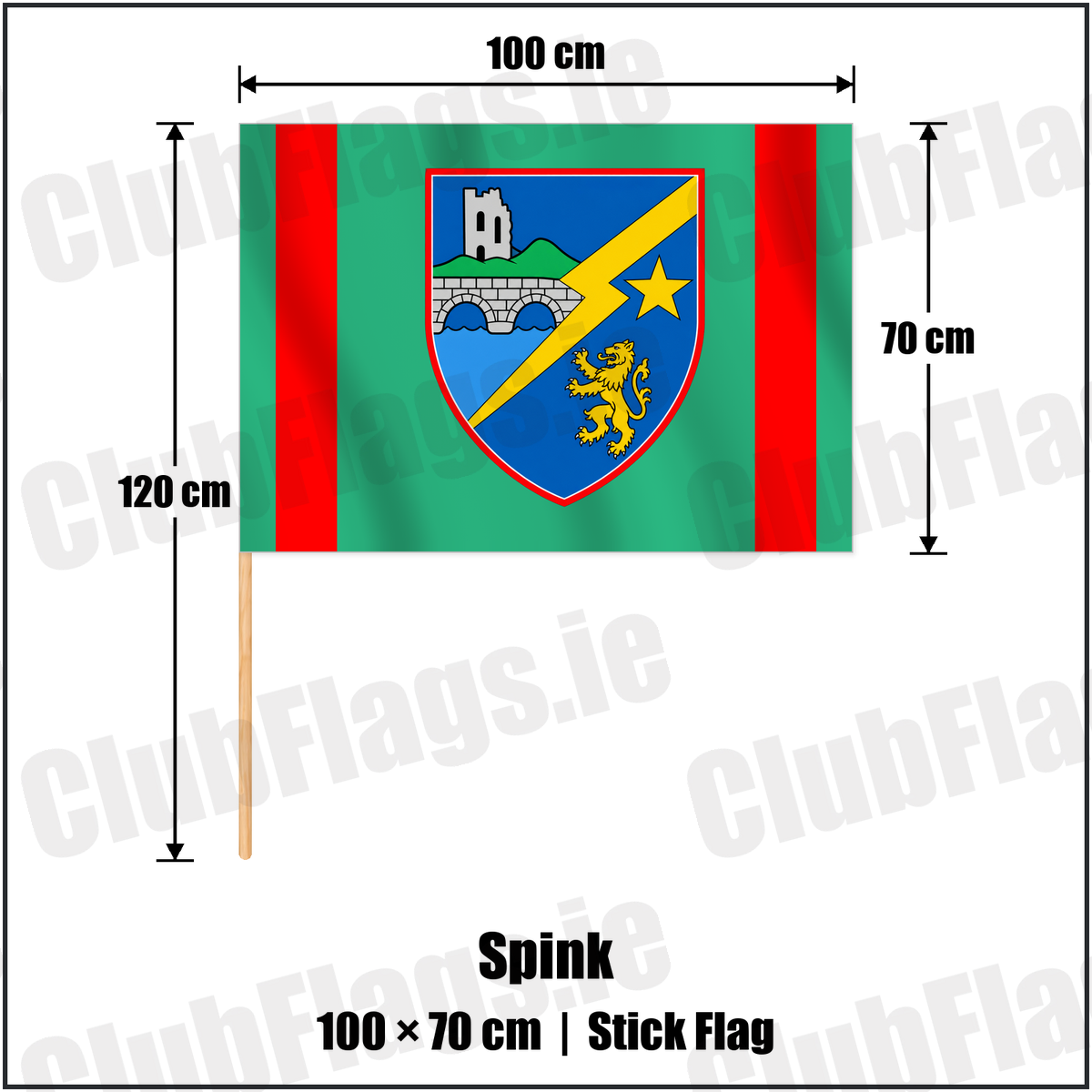 Spink 70cm x 100cm Stick Flag with the club crest and colours, Laois GAA - ClubFlags.ie