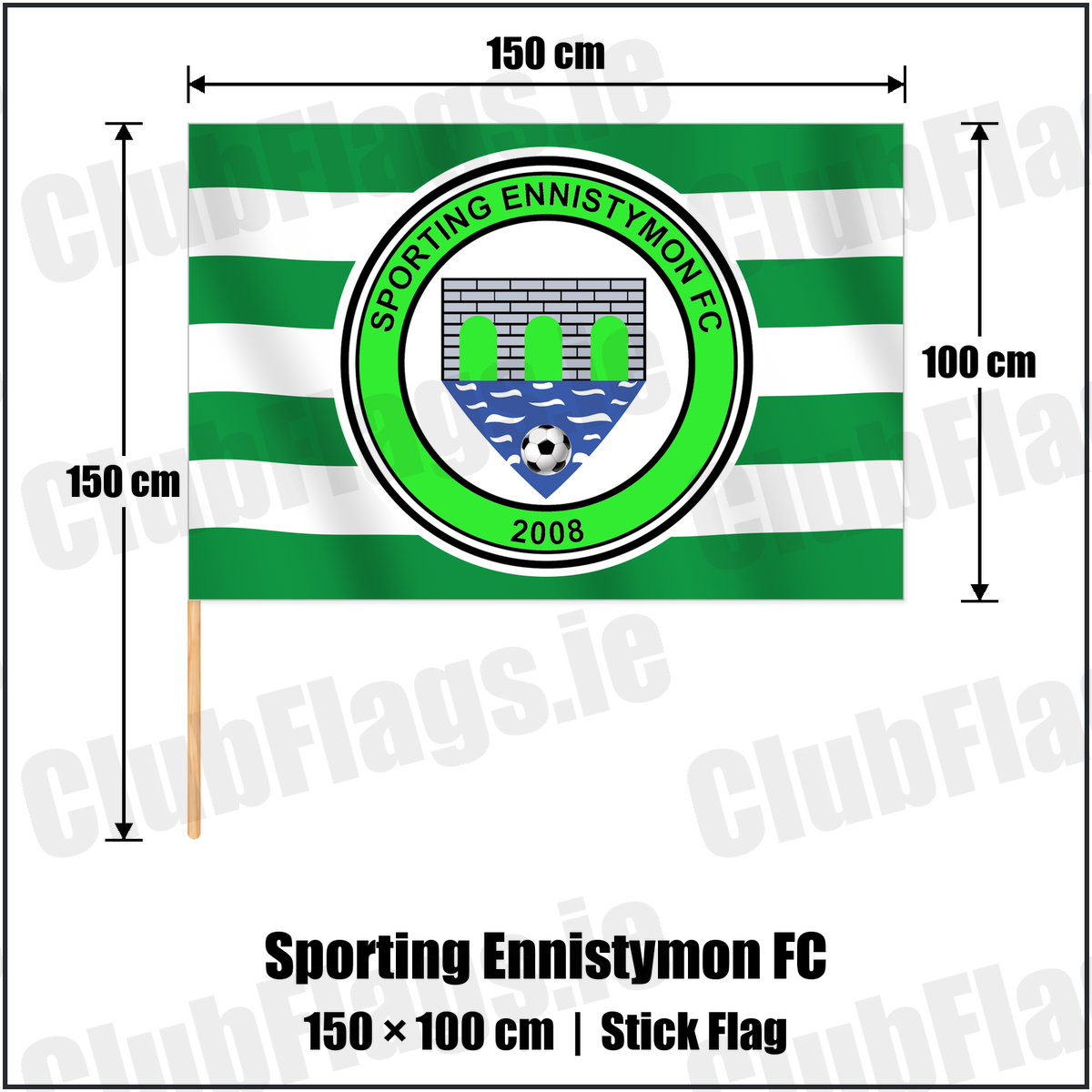 Sporting Ennistymon FC 100cm x 150cm Stick Flag with the verified club crest and colours, Clare Football - ClubFlags.ie