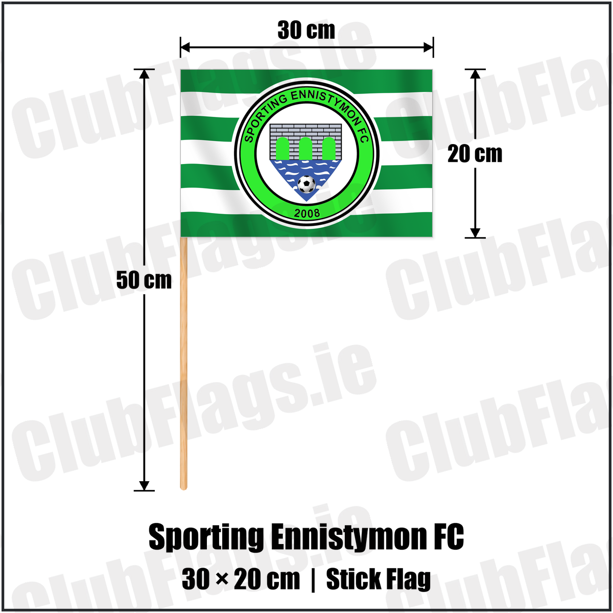 Sporting Ennistymon FC 20cm x 30cm Stick Flag with the verified club crest and colours, Clare Football - ClubFlags.ie