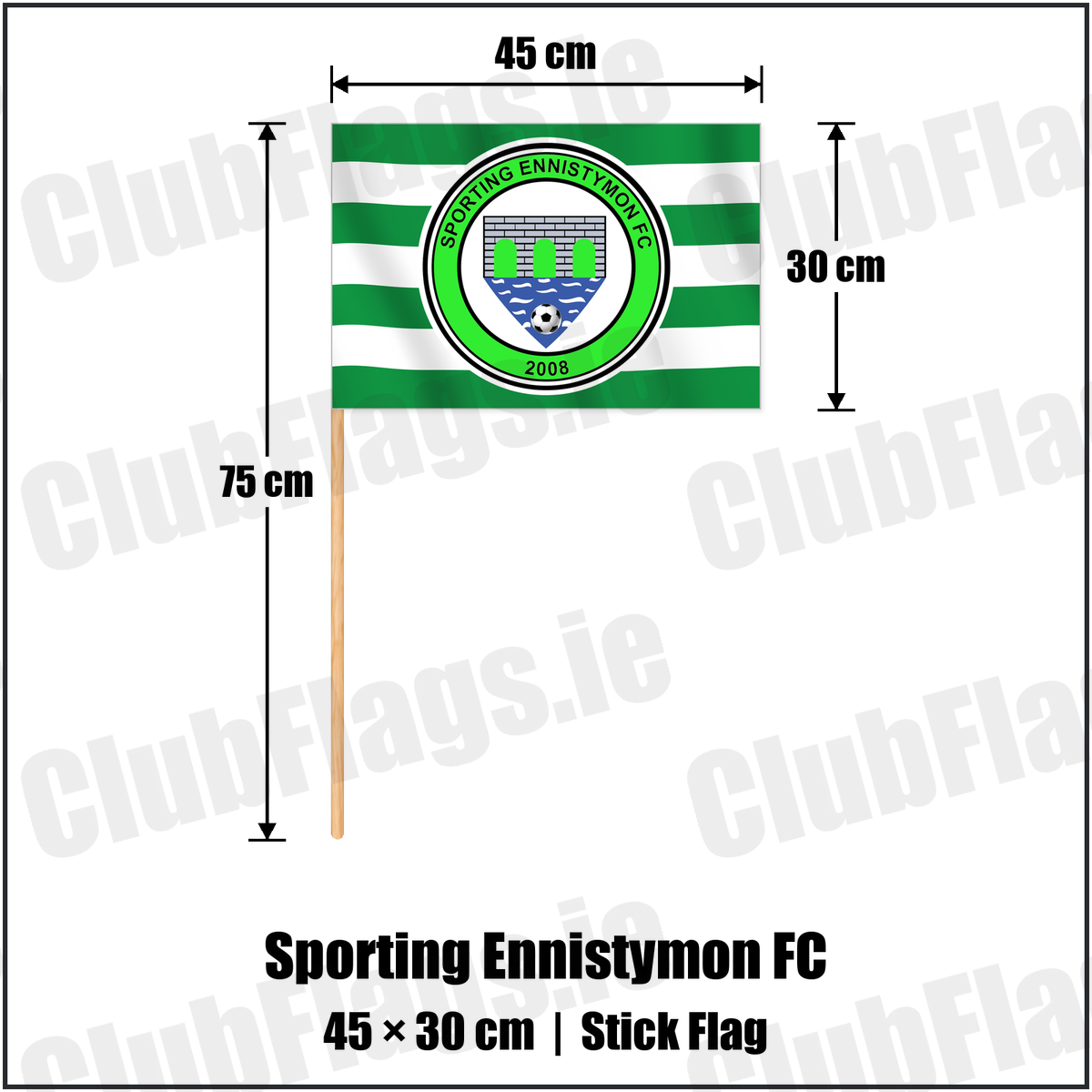 Sporting Ennistymon FC 30cm x 45cm Stick Flag with the verified club crest and colours, Clare Football - ClubFlags.ie