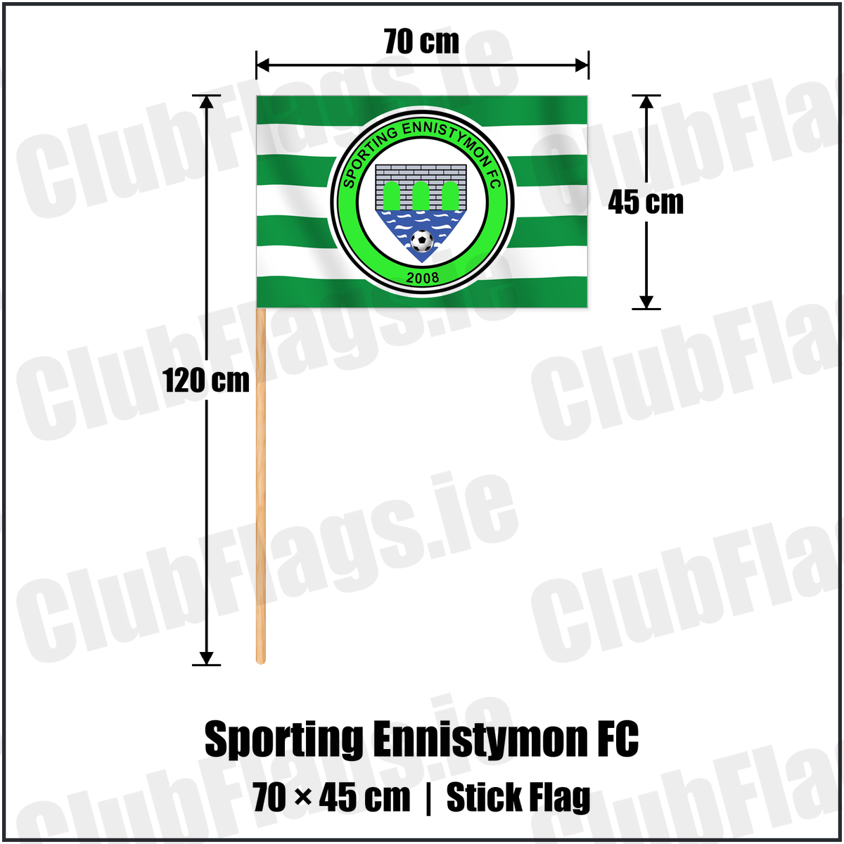 Sporting Ennistymon FC 45cm x 70cm Stick Flag with the verified club crest and colours, Clare Football - ClubFlags.ie