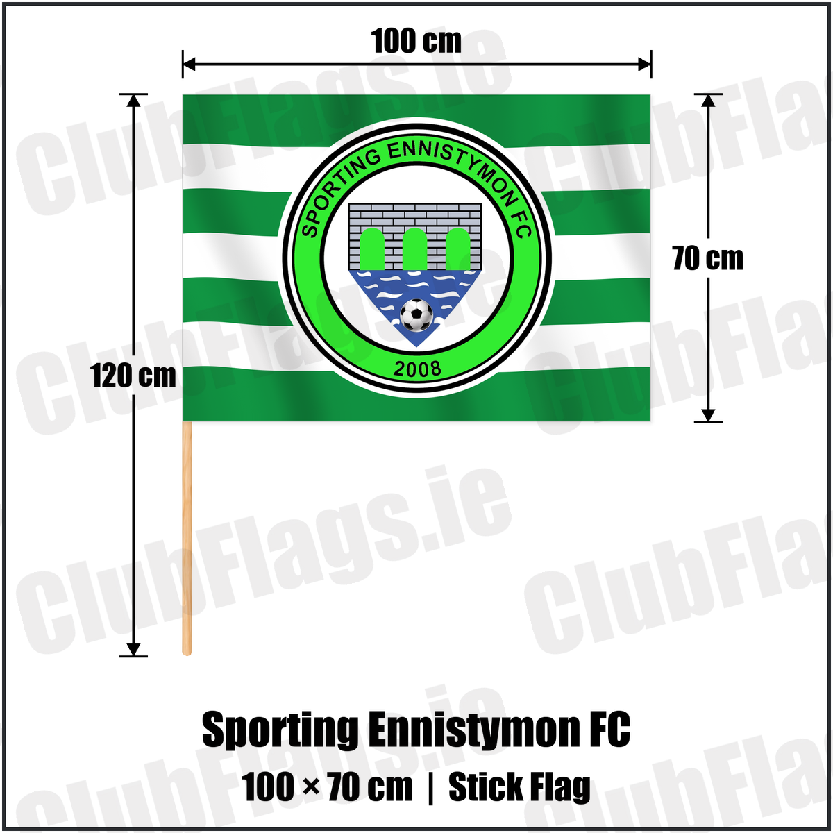 Sporting Ennistymon FC 70cm x 100cm Stick Flag with the verified club crest and colours, Clare Football - ClubFlags.ie