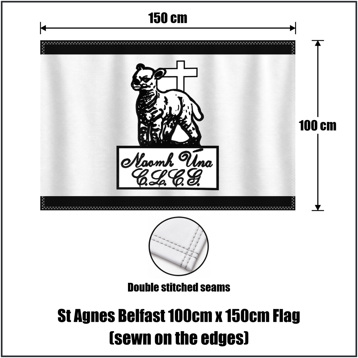 St Agnes Belfast 100cm x 150cm Flag (sewn on the edges), featuring the club crest and black and white colours; County Antrim GAA. ClubFlags.ie.