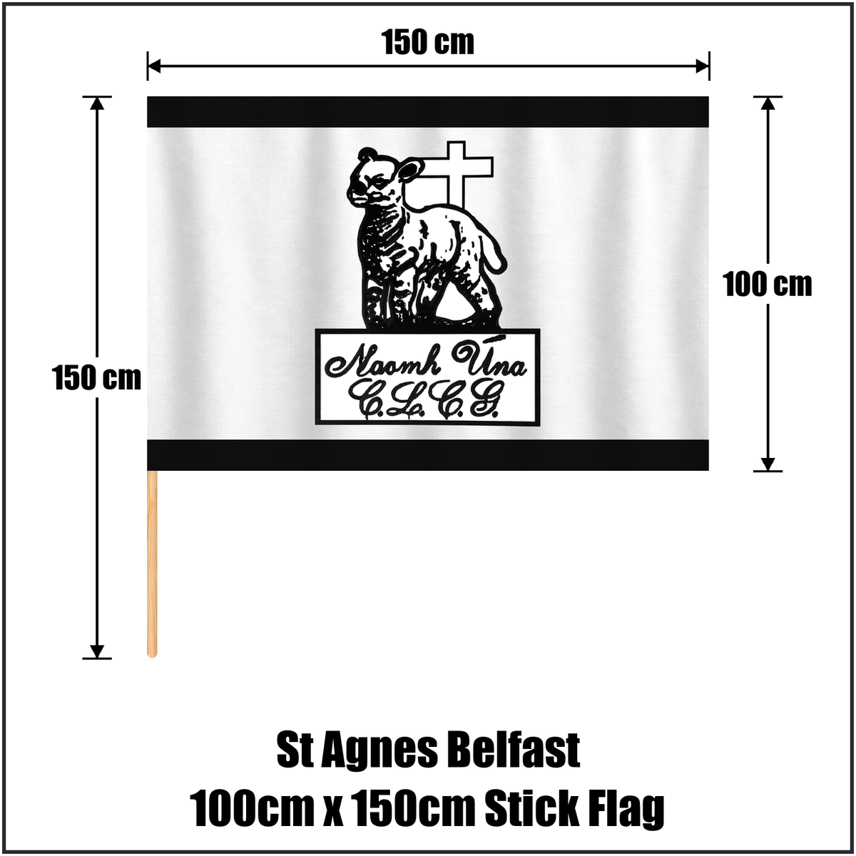 St Agnes Belfast 100cm x 150cm Stick Flag, featuring the club crest and black and white colours; County Antrim GAA. ClubFlags.ie.