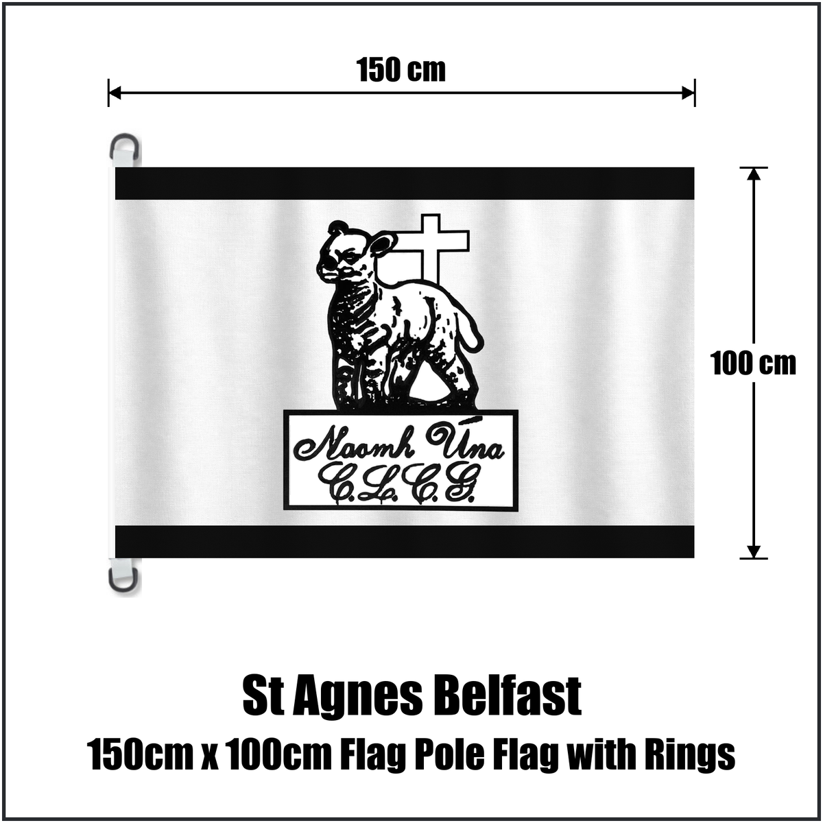 St Agnes Belfast 150cm x 100cm Flag Pole Flag with Rings, featuring the club crest and black and white colours; County Antrim GAA. ClubFlags.ie.