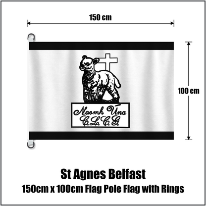 St Agnes Belfast 150cm x 100cm Flag Pole Flag with Rings, featuring the club crest and black and white colours; County Antrim GAA. ClubFlags.ie.