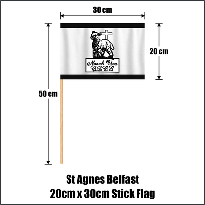 St Agnes Belfast 20cm x 30cm Stick Flag, featuring the club crest and black and white colours; County Antrim GAA. ClubFlags.ie.