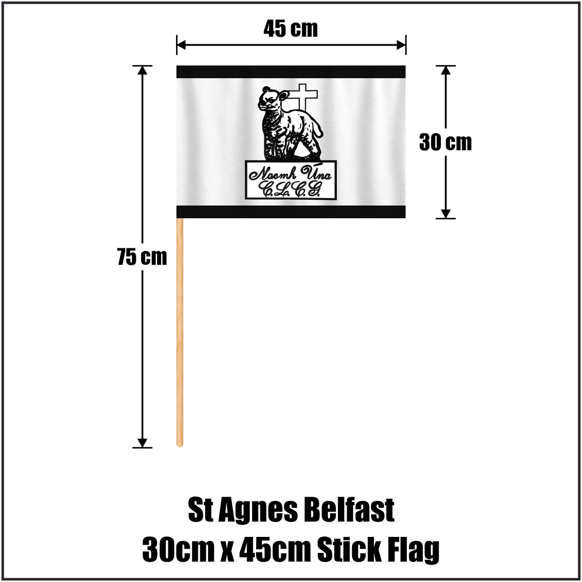 St Agnes Belfast 30cm x 45cm Stick Flag, featuring the club crest and black and white colours; County Antrim GAA. ClubFlags.ie.
