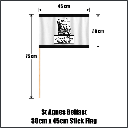 St Agnes Belfast 30cm x 45cm Stick Flag, featuring the club crest and black and white colours; County Antrim GAA. ClubFlags.ie.