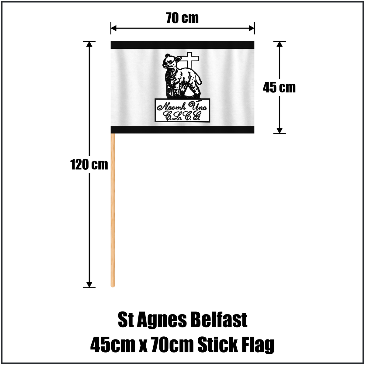 St Agnes Belfast 45cm x 70cm Stick Flag, featuring the club crest and black and white colours; County Antrim GAA. ClubFlags.ie.