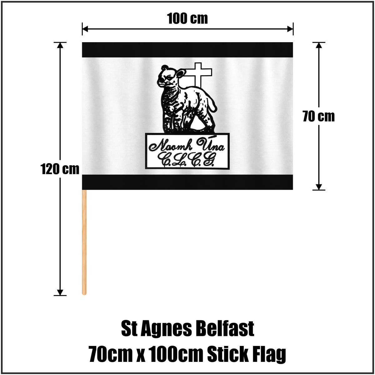 St Agnes Belfast 70cm x 100cm Stick Flag, featuring the club crest and black and white colours; County Antrim GAA. ClubFlags.ie.