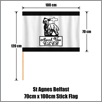 St Agnes Belfast 70cm x 100cm Stick Flag, featuring the club crest and black and white colours; County Antrim GAA. ClubFlags.ie.