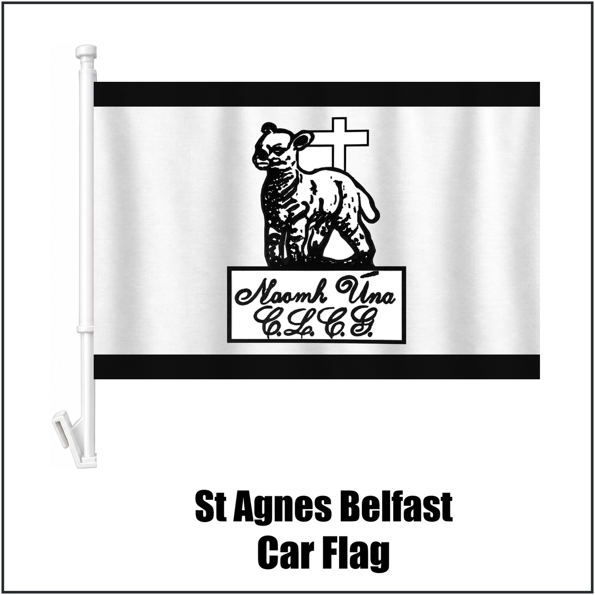 St Agnes Belfast Car Flag, featuring the club crest and black and white colours; County Antrim GAA. ClubFlags.ie.
