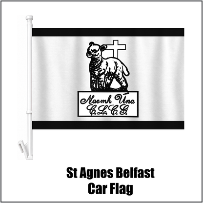 St Agnes Belfast Car Flag, featuring the club crest and black and white colours; County Antrim GAA. ClubFlags.ie.