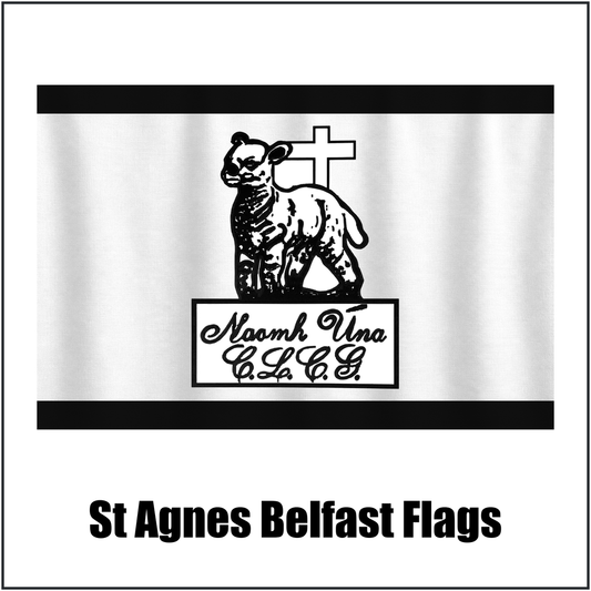 St Agnes Belfast Flags, featuring the club crest and black and white colours; County Antrim GAA. ClubFlags.ie.