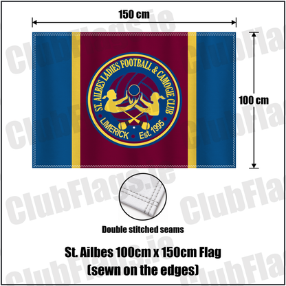 St. Ailbes 100cm x 150cm Flag (sewn on the edges), featuring the club crest and blue and wine and gold colours; County Limerick ladies Gaelic football and camogie. ClubFlags.ie.