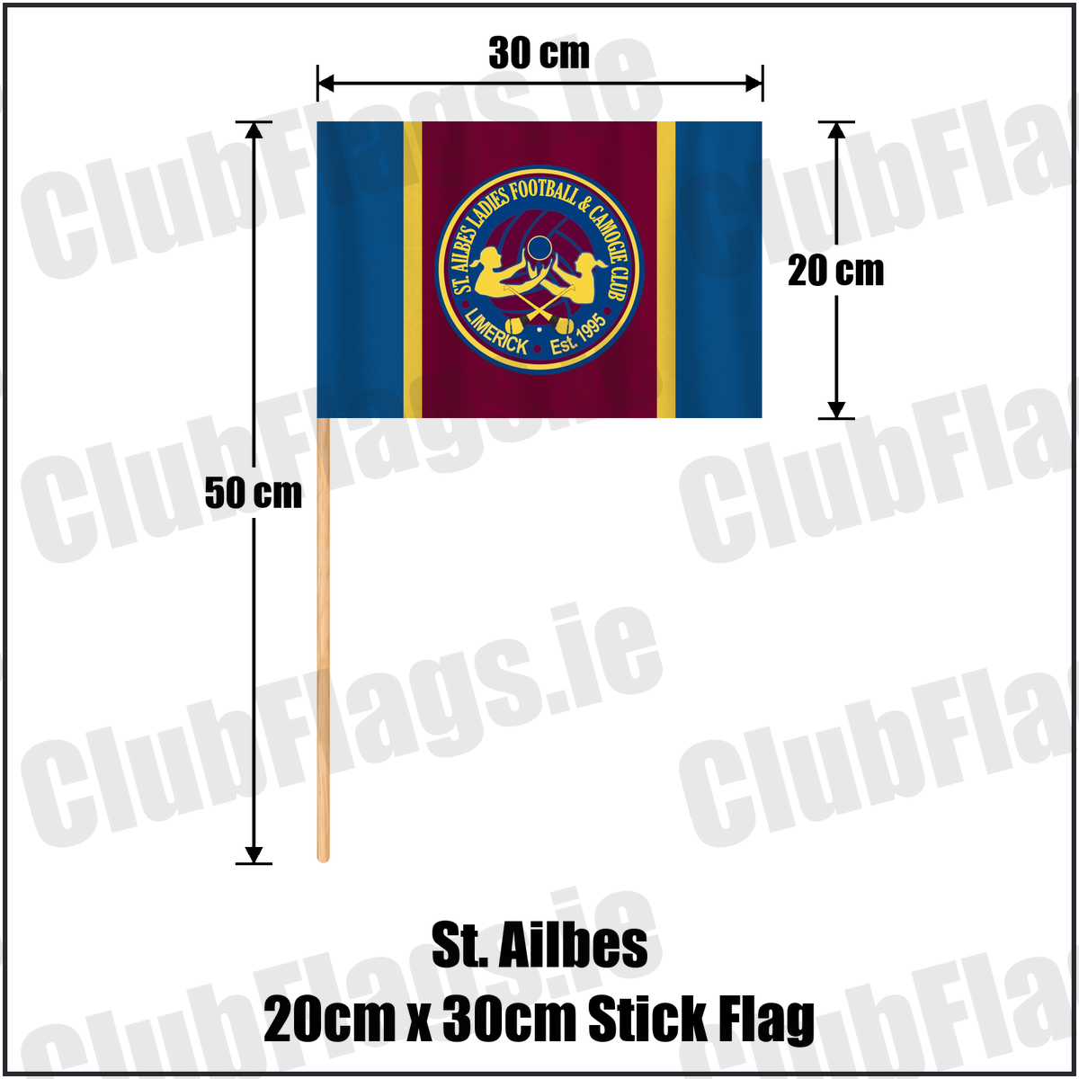 St. Ailbes 20cm x 30cm Stick Flag, featuring the club crest and blue and wine and gold colours; County Limerick ladies Gaelic football and camogie. ClubFlags.ie.