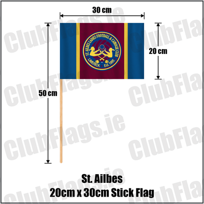 St. Ailbes 20cm x 30cm Stick Flag, featuring the club crest and blue and wine and gold colours; County Limerick ladies Gaelic football and camogie. ClubFlags.ie.