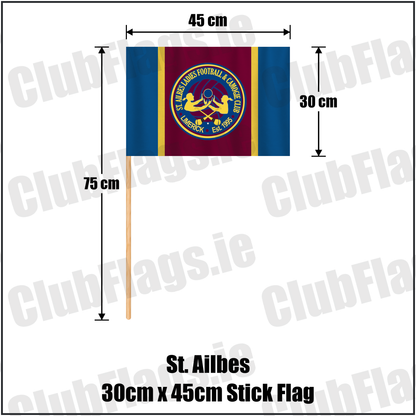 St. Ailbes 30cm x 45cm Stick Flag, featuring the club crest and blue and wine and gold colours; County Limerick ladies Gaelic football and camogie. ClubFlags.ie.