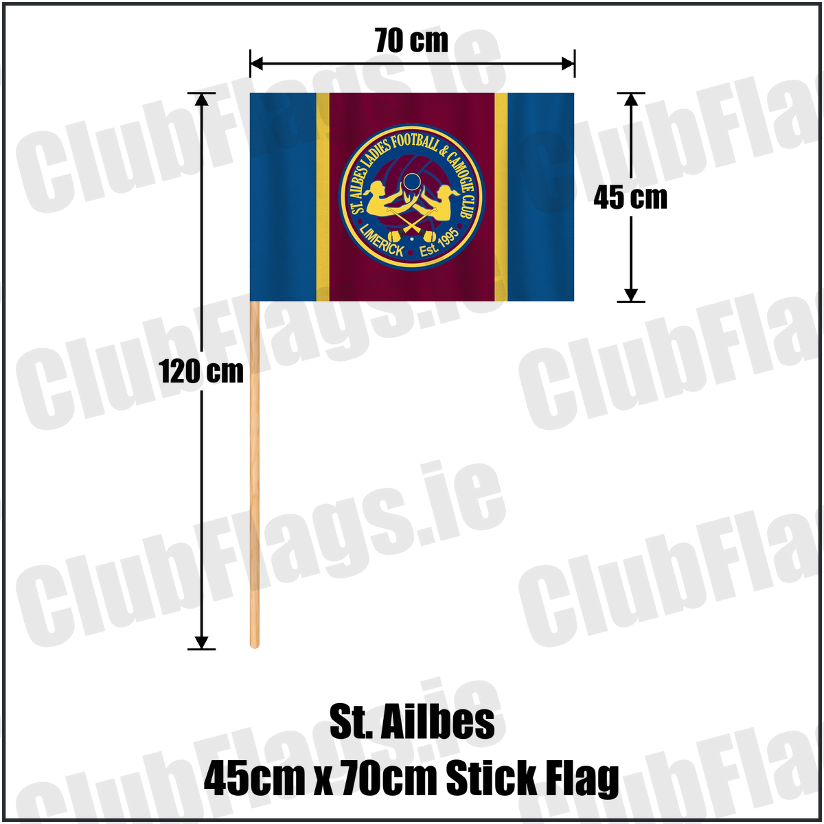 St. Ailbes 45cm x 70cm Stick Flag, featuring the club crest and blue and wine and gold colours; County Limerick ladies Gaelic football and camogie. ClubFlags.ie.