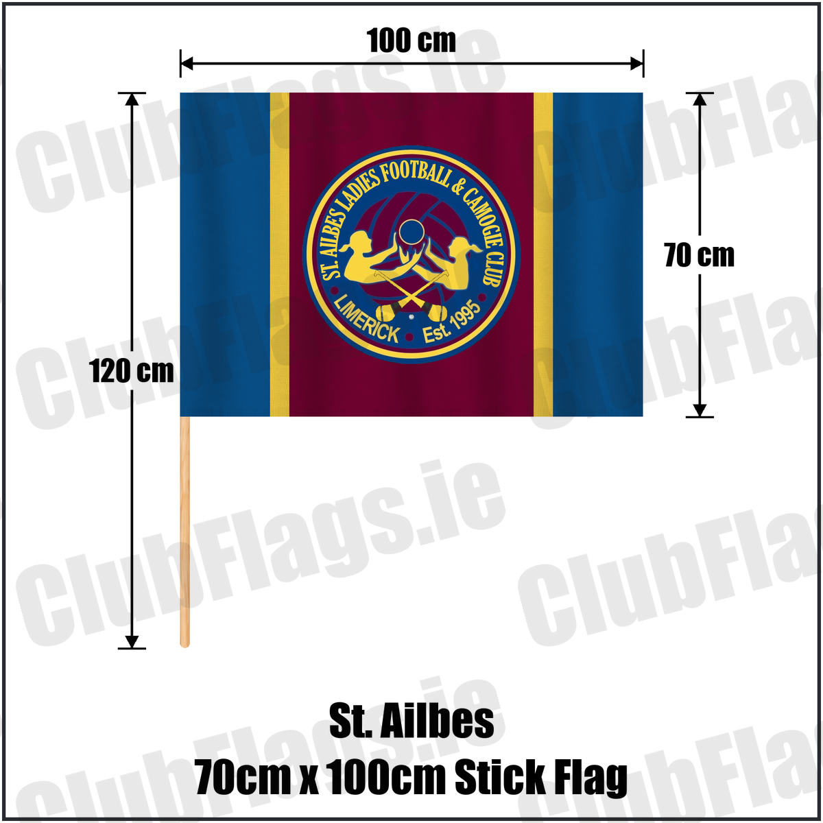 St. Ailbes 70cm x 100cm Stick Flag, featuring the club crest and blue and wine and gold colours; County Limerick ladies Gaelic football and camogie. ClubFlags.ie.