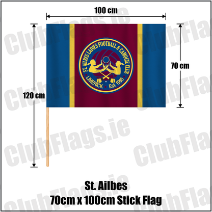 St. Ailbes 70cm x 100cm Stick Flag, featuring the club crest and blue and wine and gold colours; County Limerick ladies Gaelic football and camogie. ClubFlags.ie.