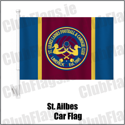 St. Ailbes Car Flag, featuring the club crest and blue and wine and gold colours; County Limerick ladies Gaelic football and camogie. ClubFlags.ie.