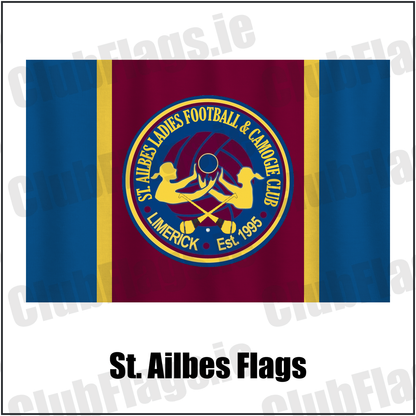 St. Ailbes Flags, featuring the club crest and blue and wine and gold colours; County Limerick ladies Gaelic football and camogie. ClubFlags.ie.