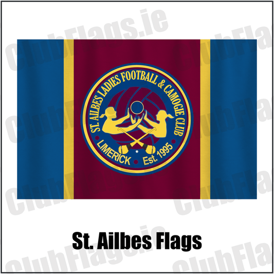 St. Ailbes Flags, featuring the club crest and blue and wine and gold colours; County Limerick ladies Gaelic football and camogie. ClubFlags.ie.