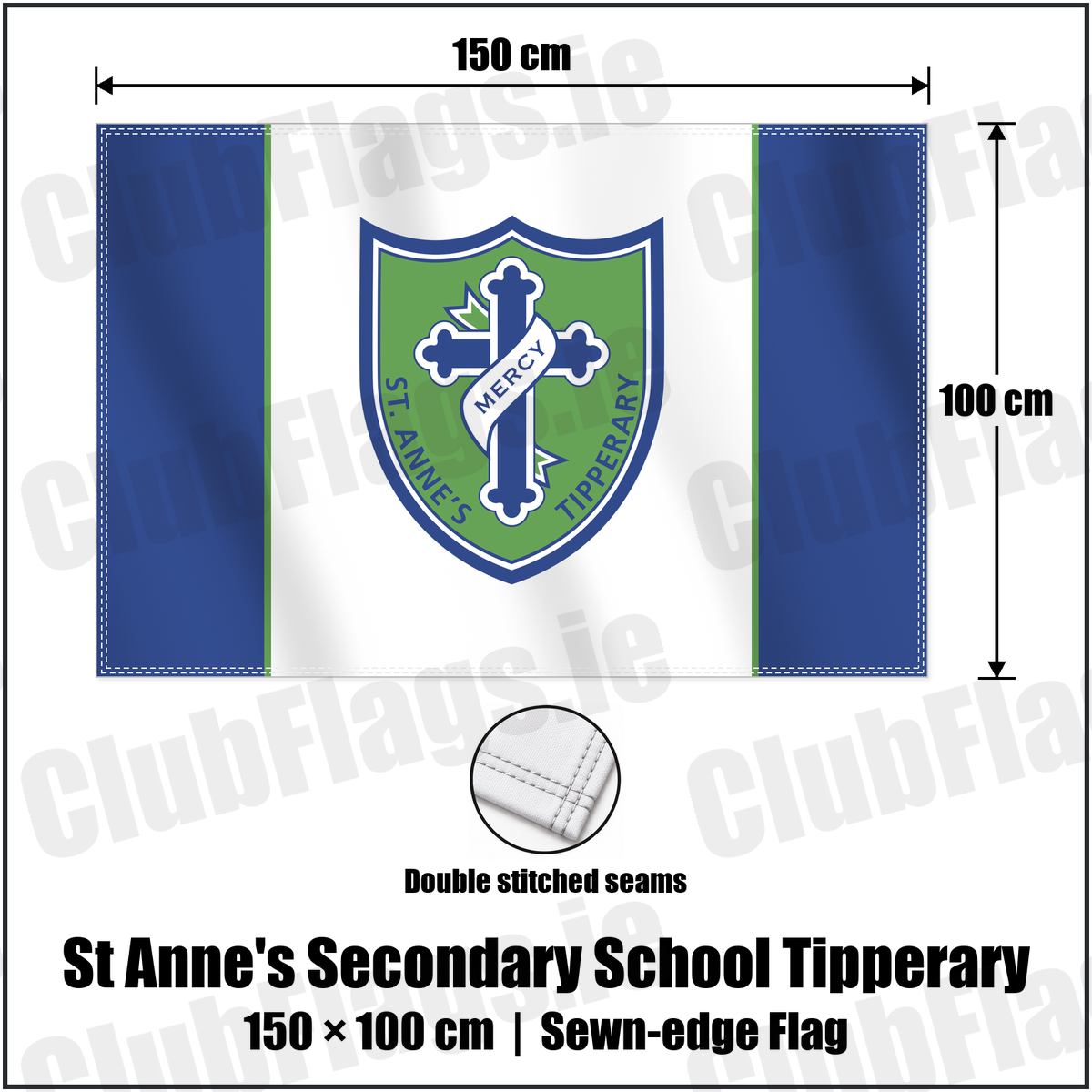 St Anne's Secondary School Tipperary 100cm x 150cm Flag (sewn on the edges) with the club crest and colours, Tipperary GAA - ClubFlags.ie