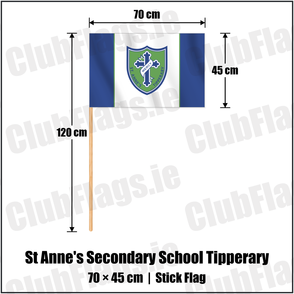 St Anne's Secondary School Tipperary 45cm x 70cm Stick Flag with the club crest and colours, Tipperary GAA - ClubFlags.ie