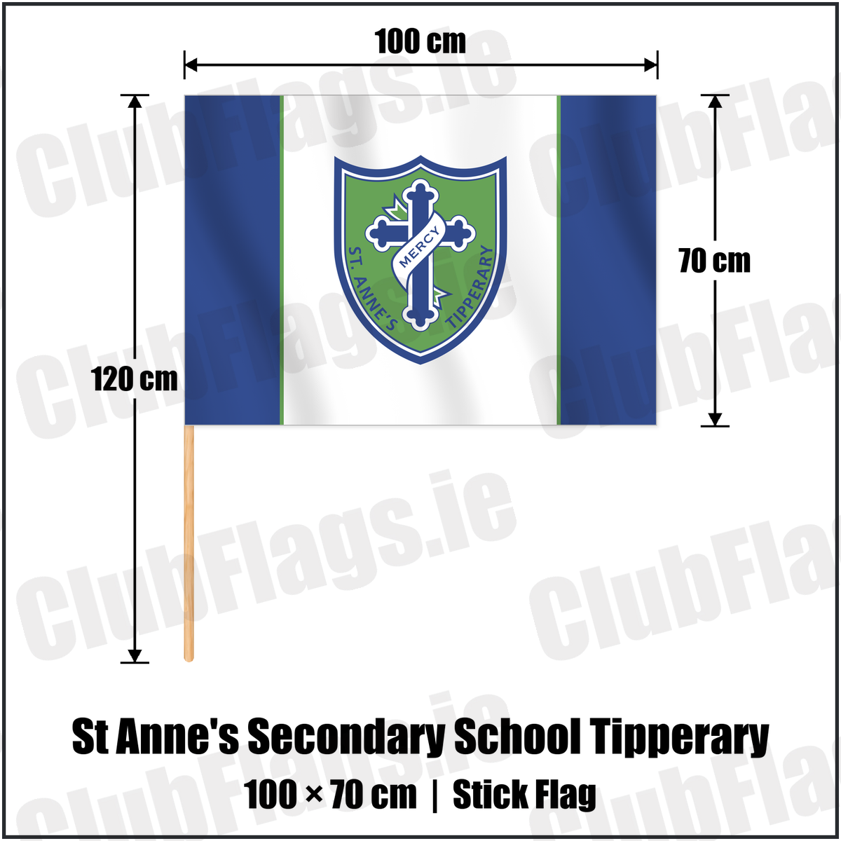 St Anne's Secondary School Tipperary 70cm x 100cm Stick Flag with the club crest and colours, Tipperary GAA - ClubFlags.ie