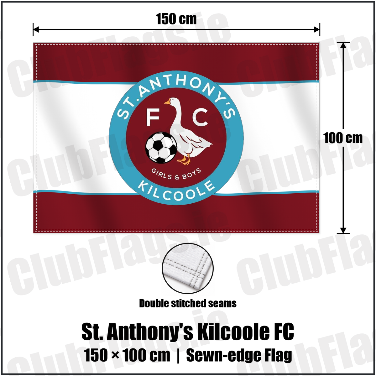 St. Anthony's Kilcoole FC 100cm x 150cm Flag (sewn on the edges) with the club crest and colours, Wicklow Football - ClubFlags.ie