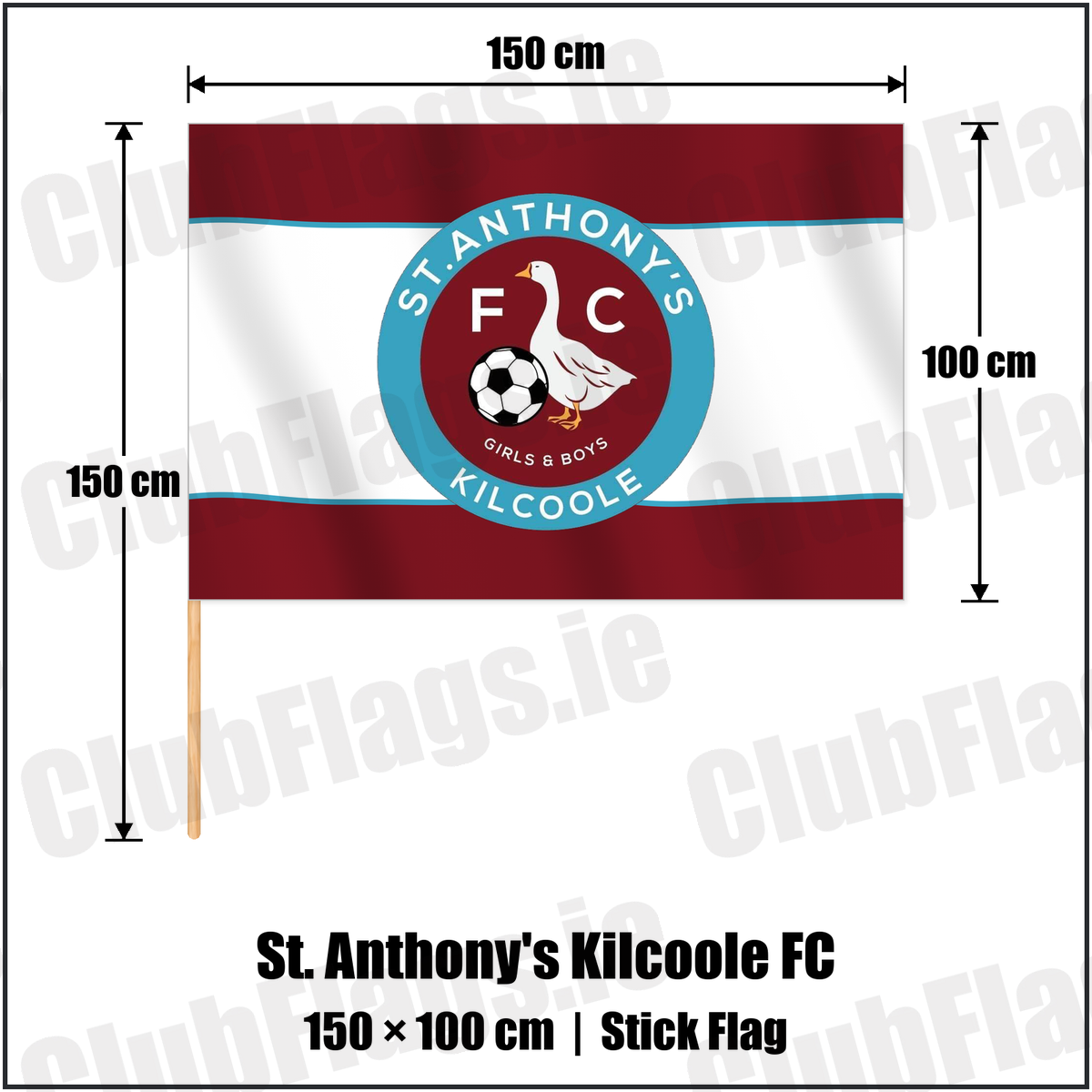 St. Anthony's Kilcoole FC 100cm x 150cm Stick Flag with the club crest and colours, Wicklow Football - ClubFlags.ie